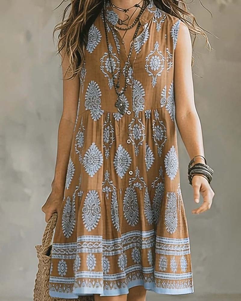 Kleid Boho-Muster Ärmellos Kurzer Stehkragen