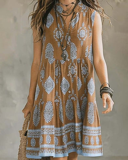 Kleid Boho-Muster Ärmellos Kurzer Stehkragen