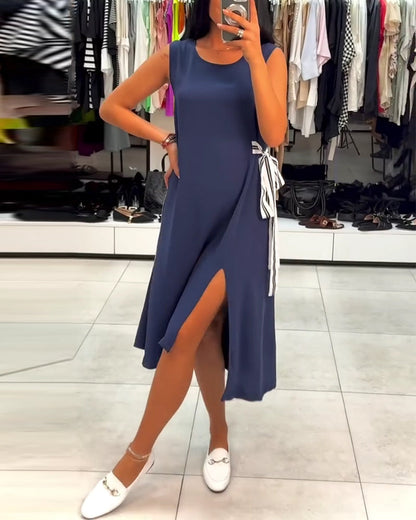 Kleid asymmetrisch unifarben Schlitz ärmellos