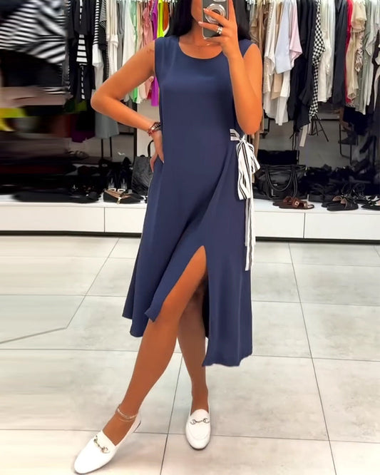 Kleid asymmetrisch unifarben Schlitz ärmellos