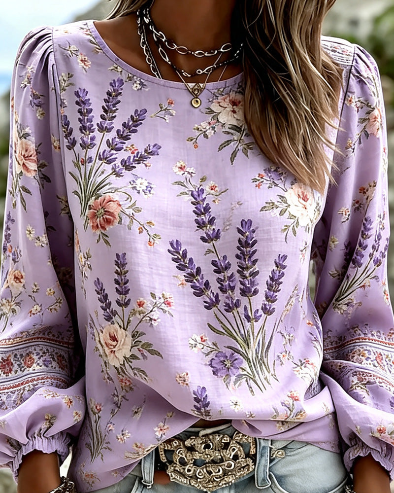 Bluse Lavendel Blumenprint Laternenärmel