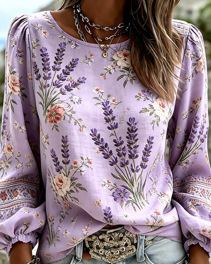 Bluse Lavendel Blumenprint Laternenärmel