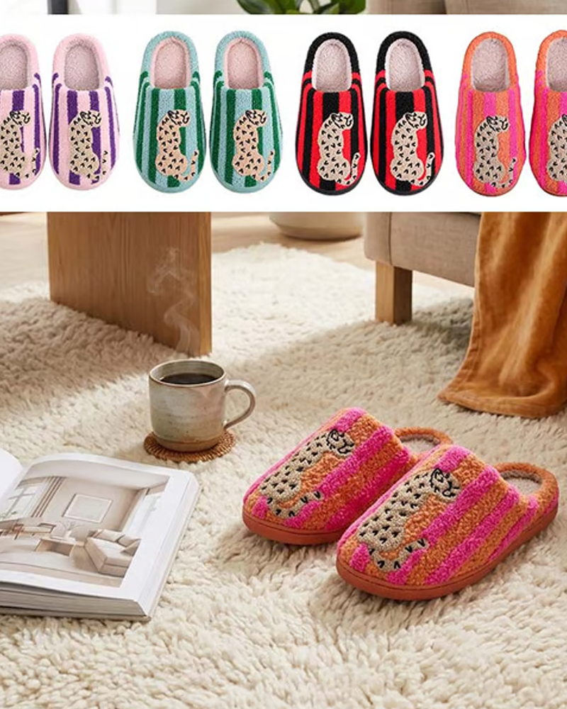 Dames Retro Gestreept & Luipaard Pluizige Pantoffels