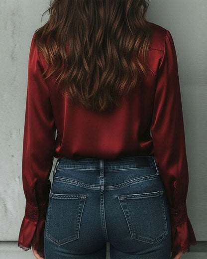 Bluse Satin Spitzeneinsatz Revers