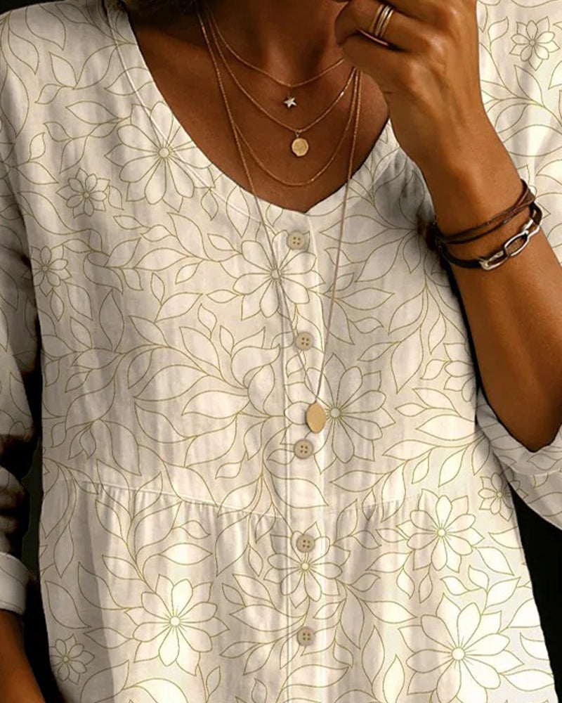 Bedruckte Bluse Mit V-Ausschnitt Und Knopfleiste