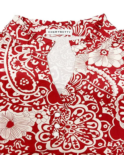 Bluse Paisley Blumenprint Mandarin-Kragen