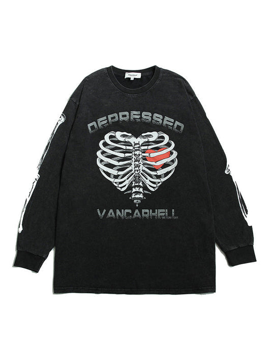 Herren Hip Hop Oversize Knochenprint Langarmshirt