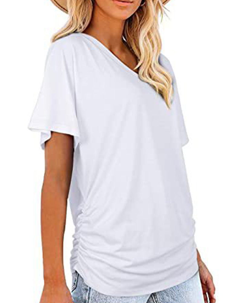 T-Shirt Plissiert Einfarbig V-Ausschnitt