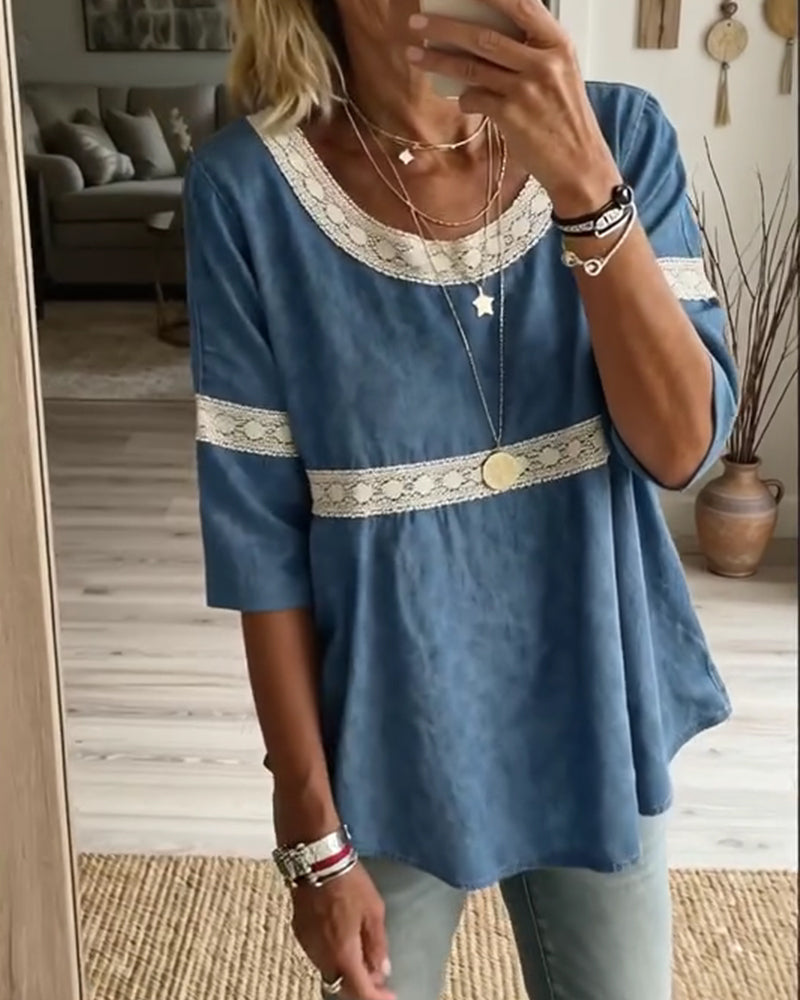 Bluse Spitze Patchwork Halbarm