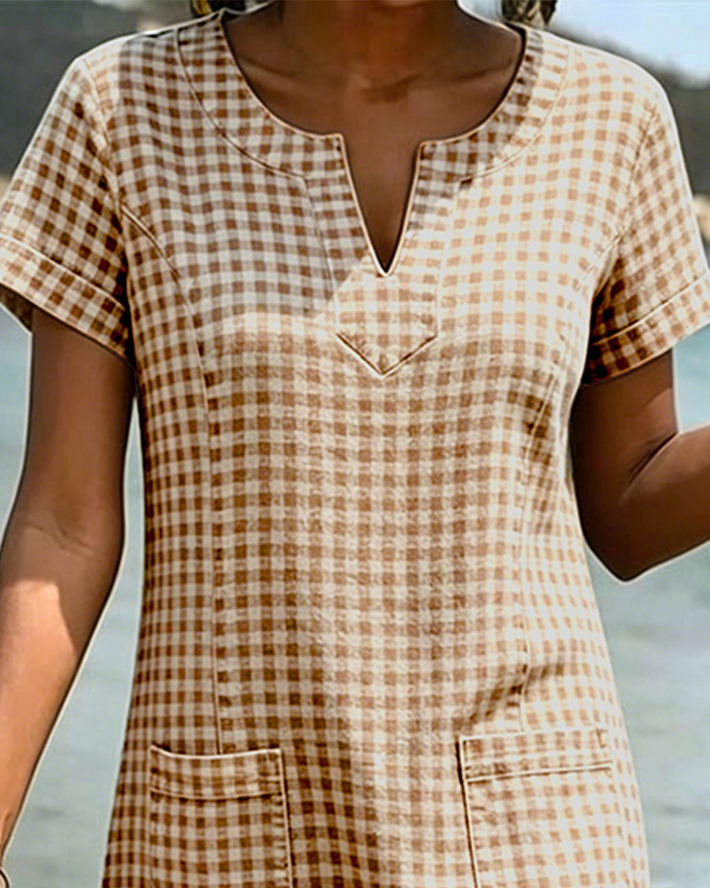 Kleid Kleiner V-Ausschnitt Kariert Gerade