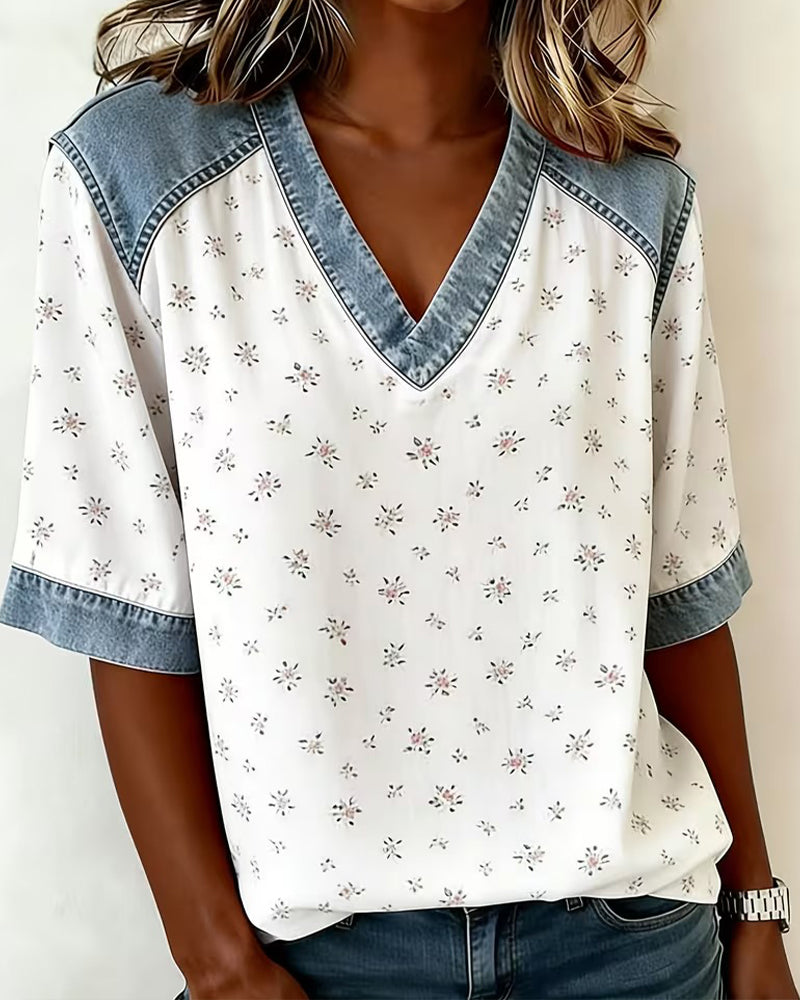 Blusen Blumen-Patchwork Denim V-Ausschnitt