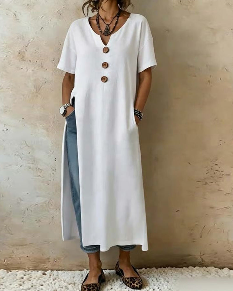 Kleid Dreiknopf Schlitz Einfarbig
