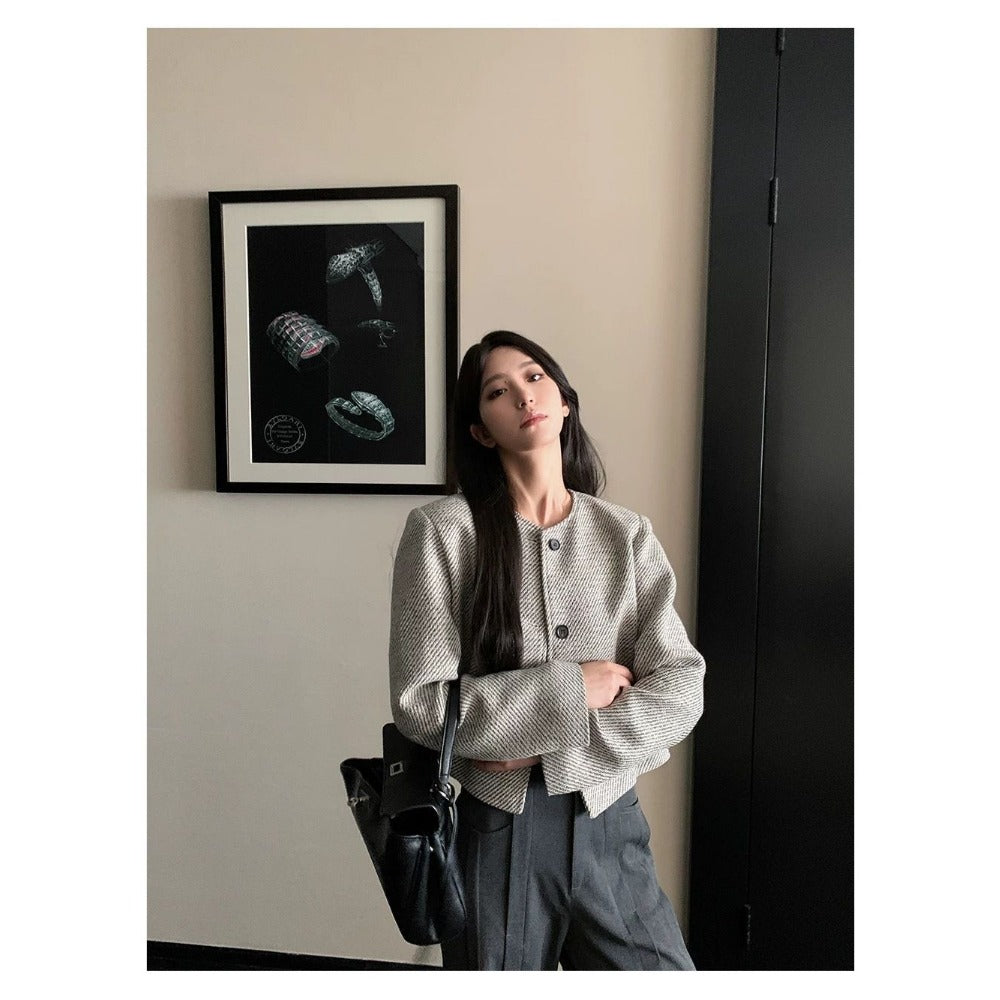 Grey Button Front Cropped Blazer Jacket for Women - Silvia