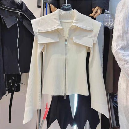 Zip Up Knit Jacket with Wide Collar for Women - Raffaella