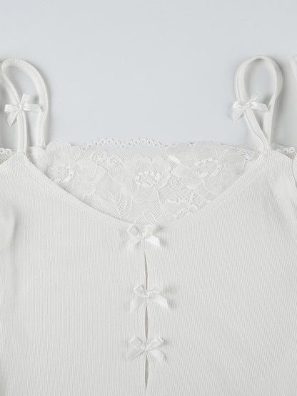 White Lace Stitching Bow Neck Long Sleeve Knit