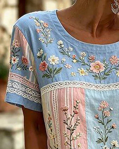 Bluse Rundhals Patchwork Blumen