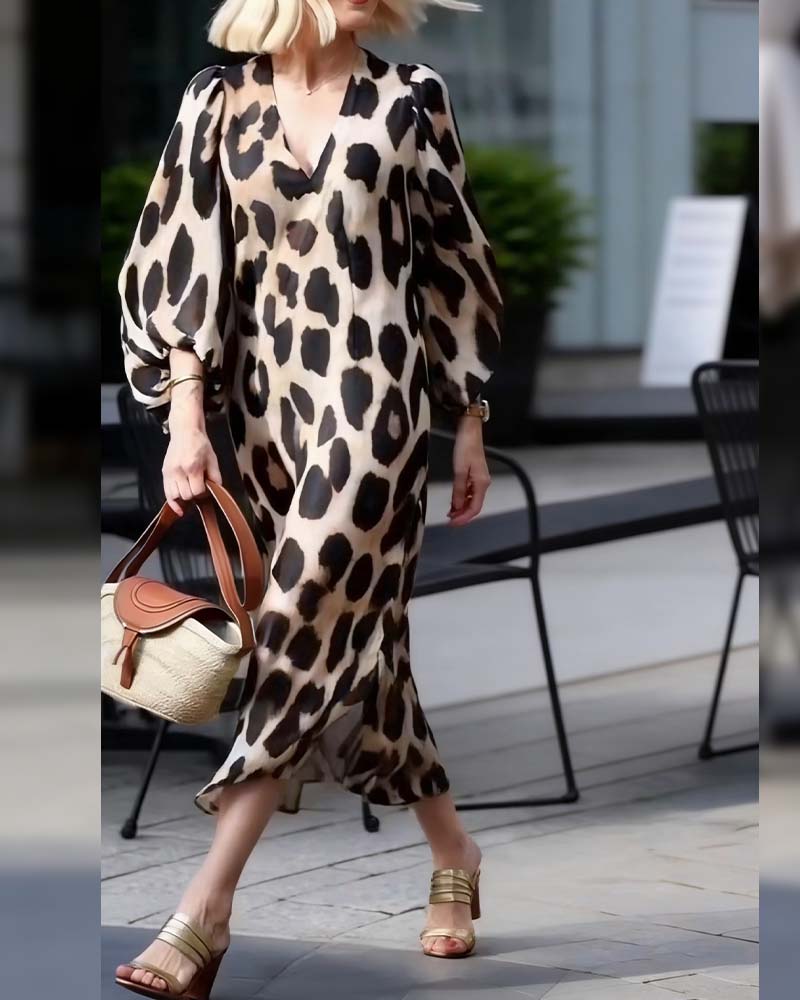 Kleid Laternenärmel V-Ausschnitt Leopardenprint