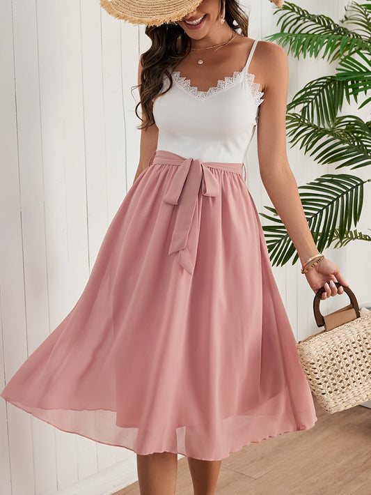 Pink strap dress - summery women's dress with waist belt