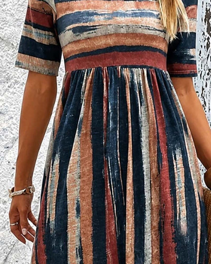 Kleid Rundhals Gestreift Hohe Taille A-Linie