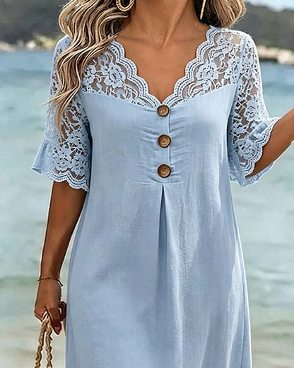 Kleid V-Ausschnitt Spitze Panel Kurzärmelig