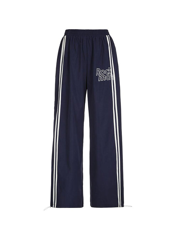 Pantalon streetwear bleu marine des années 90 à rayures et jambes larges