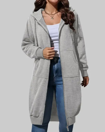Mantel Lang Mit Kapuze Reißverschluss Sweatshirt