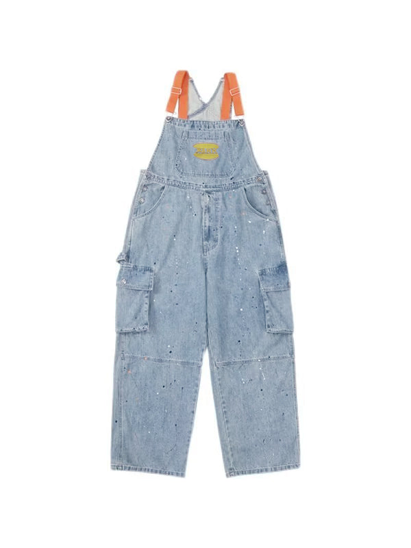 Blauer Vintage Overall mit Großen Taschen und Splash Ink Print