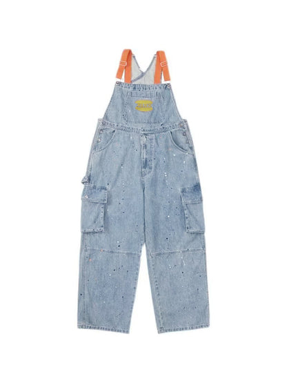 Blauer Vintage Overall mit Großen Taschen und Splash Ink Print