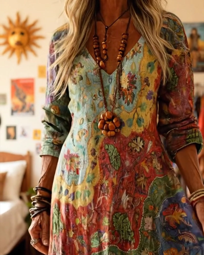 Kleid im Ölgemälde-Stil mit V-Ausschnitt