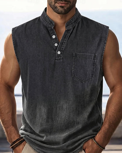 Denim Knopf Rundhalsausschnitt Ärmellos