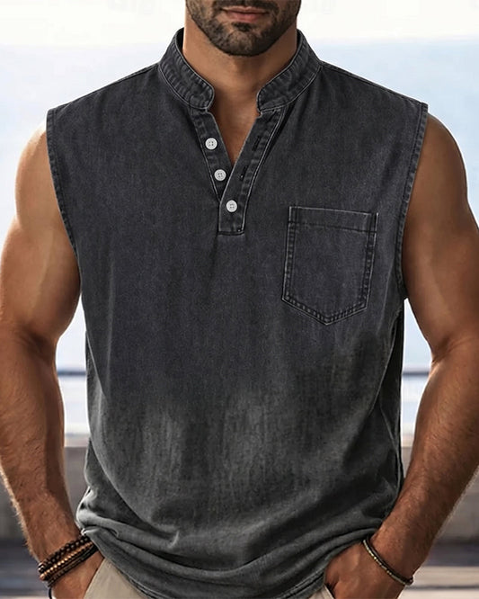 Denim Knopf Rundhalsausschnitt Ärmellos