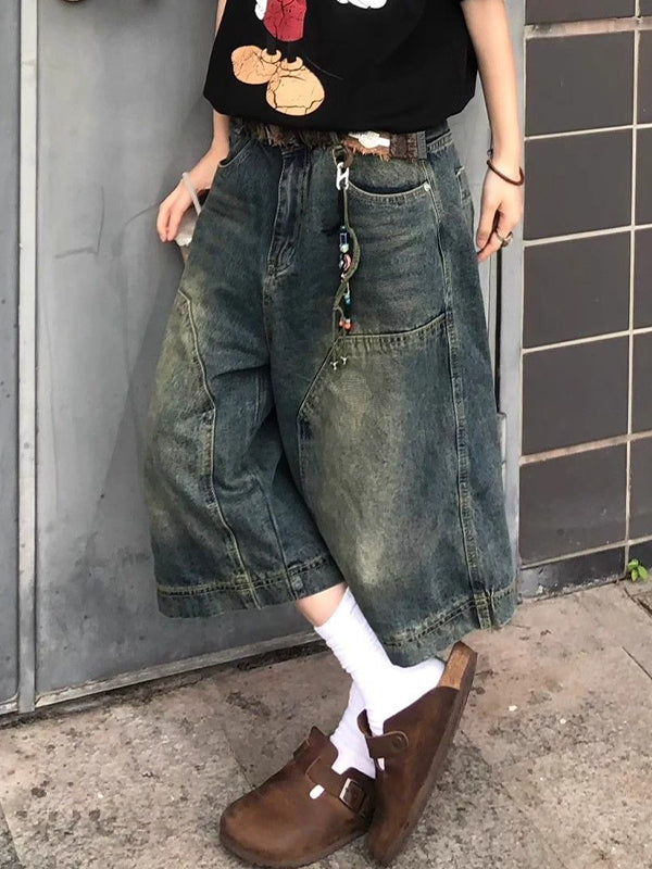 Blaue Amerikanische Vintage Washed Aged Denim Short