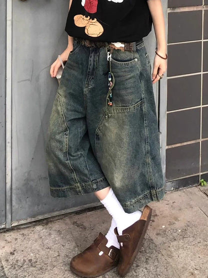 Blaue Amerikanische Vintage Washed Aged Denim Short