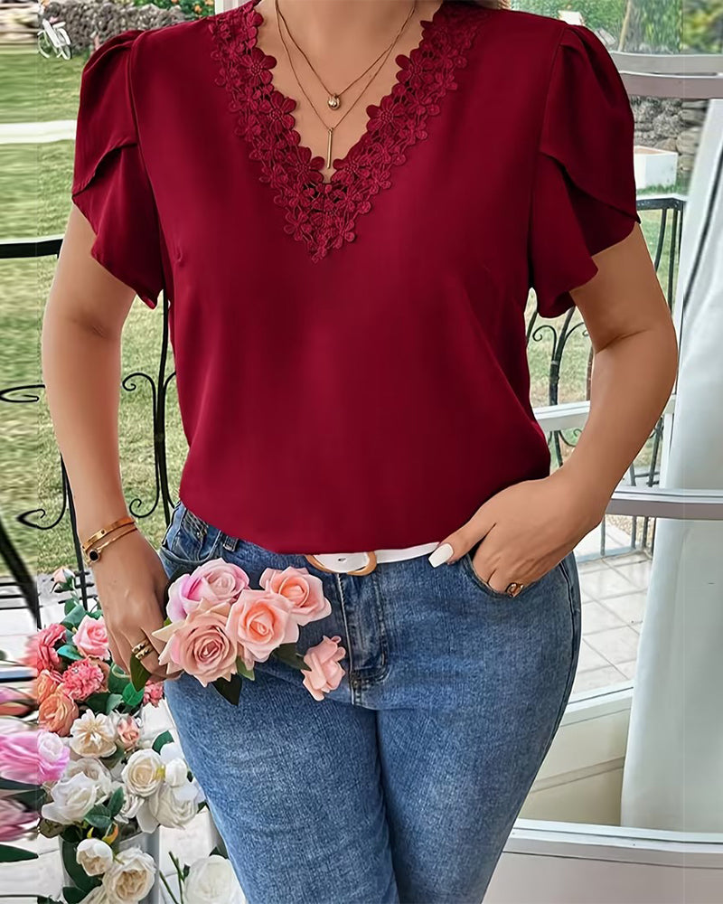 Bluse V-Ausschnitt Unifarben Puffärmel