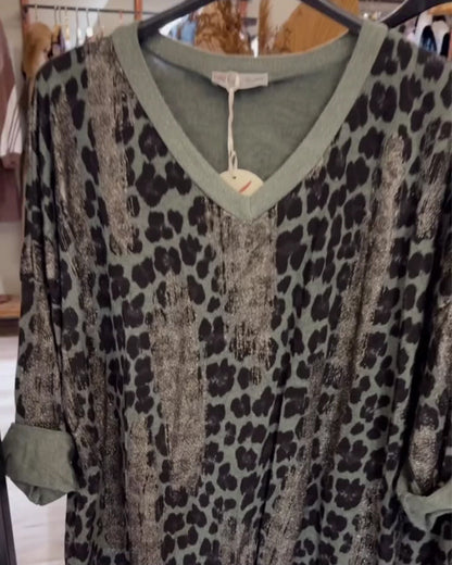 Top Leopardenprint V-Ausschnitt locker