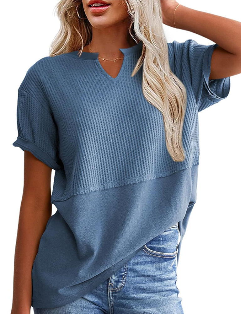T-Shirt Tailliert Patchwork V-Ausschnitt Pullover