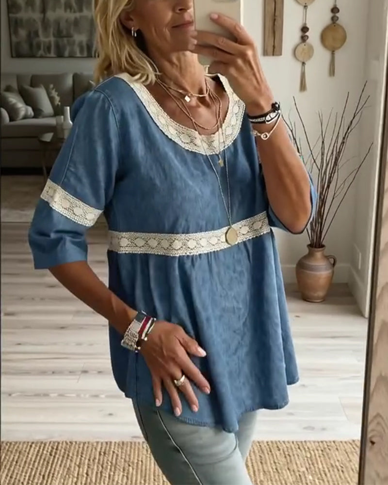 Bluse Spitze Patchwork Halbarm
