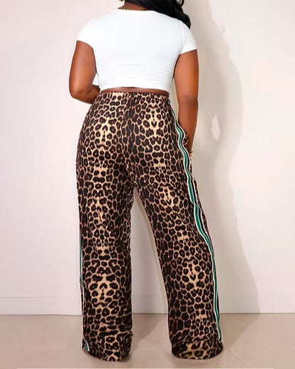 Hose Colorblock Leopardenmuster Kordelzug gerade geschnitten