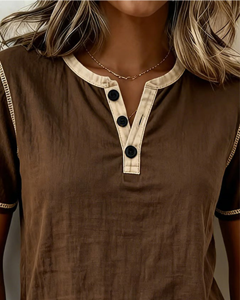 Bluse Farbblock Steppnaht Henley-Ausschnitt Kurzarm