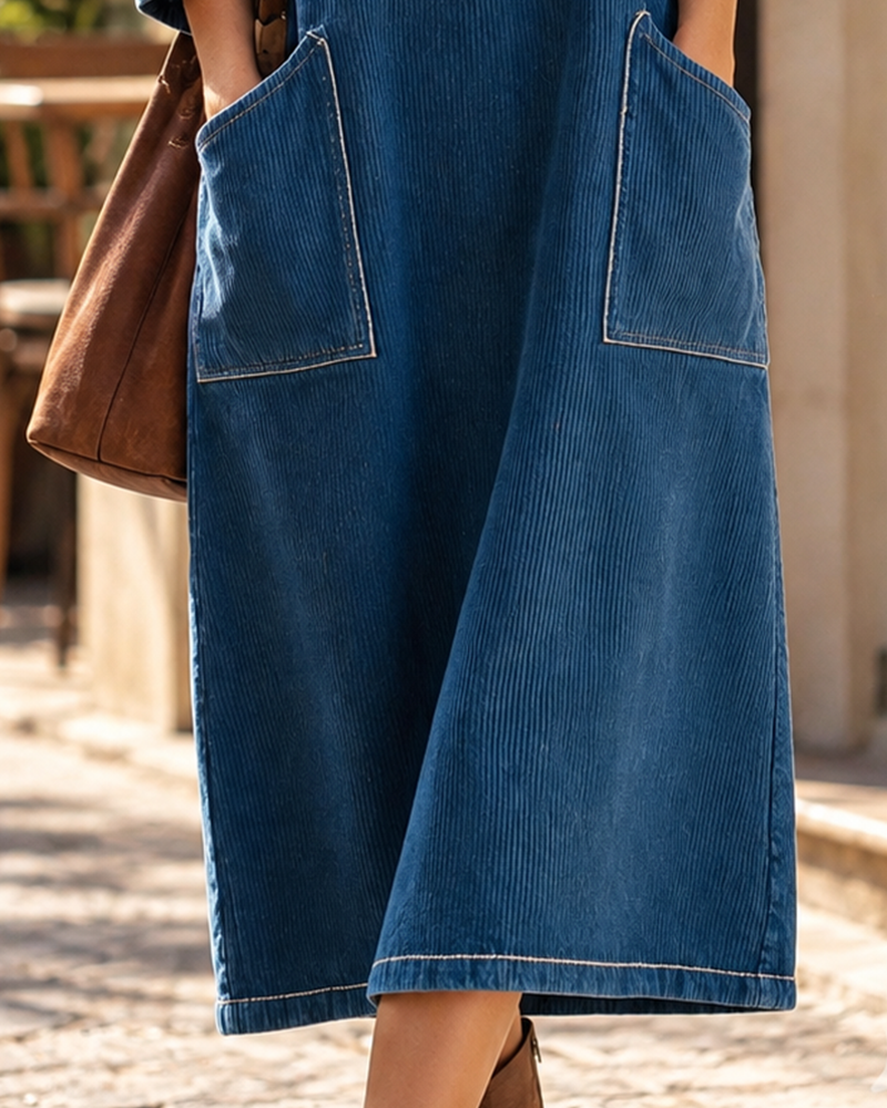 Kleid Cord Knopf Vorne Ellenbogenlang Puffärmel Locker