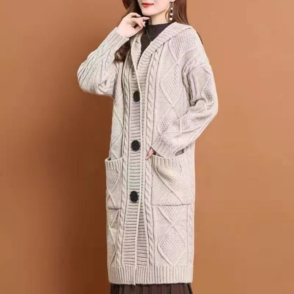 Cable Knit Hooded Sweater Coat with Pockets for Women - Fiorella