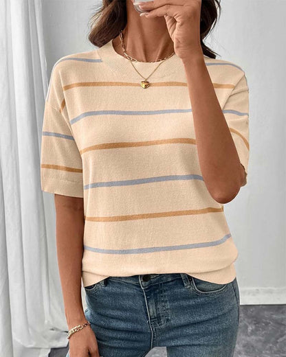 Pullover Streifen Kontrastfarbe Kurzarm Gestrickt