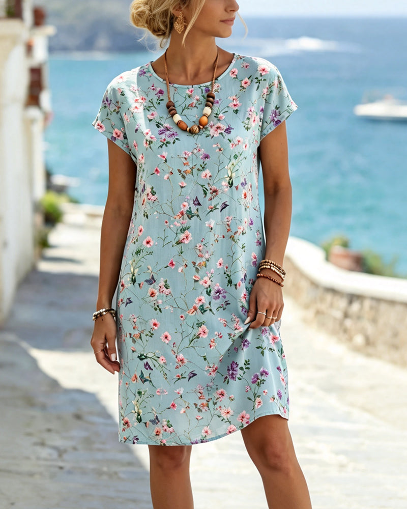 Kleid Rundhalsausschnitt Blumenprint Kurzarm