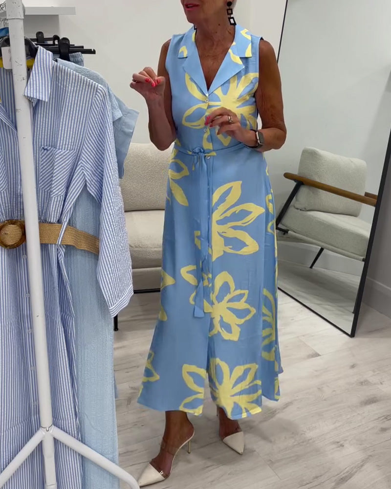 Kleid Ärmellos Reverskragen Schnürung Blumen Maxi