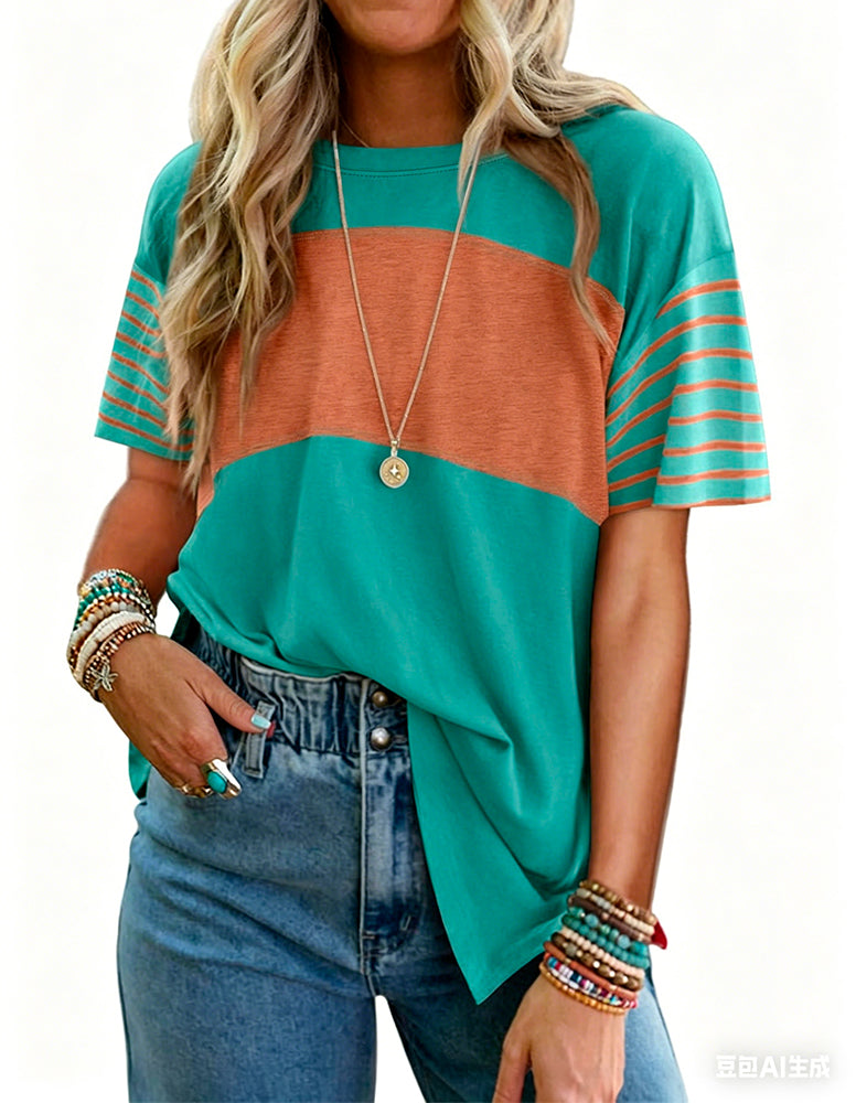 T-Shirt Pullover Gestreift Farbblock Kurzarm