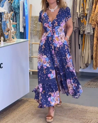 Kleid Blumendruck V-Ausschnitt Maxi
