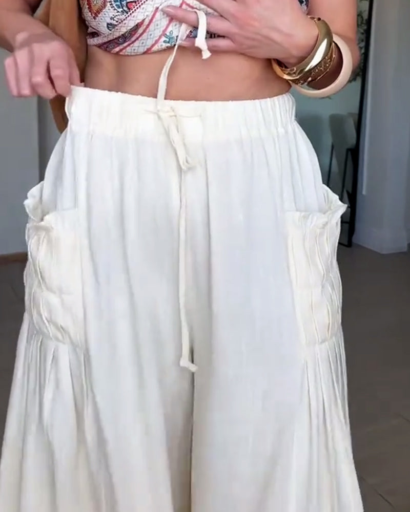 Hose Kordelzug Plissiert Tasche Weites Bein