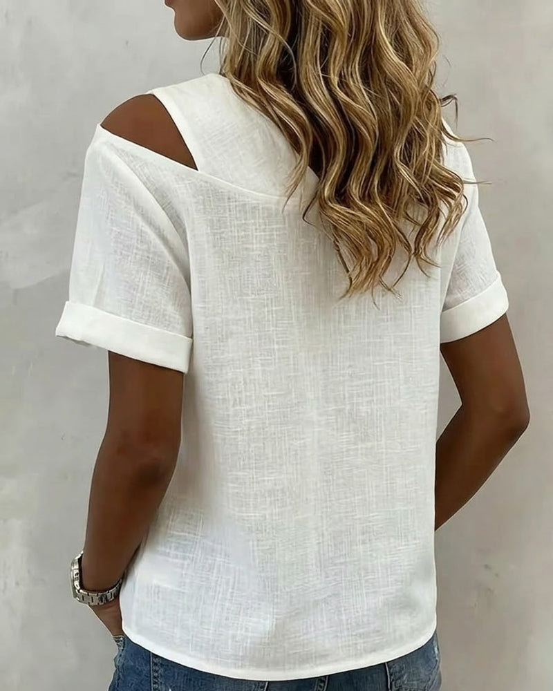 Bluse Off-Shoulder V-Ausschnitt Einfarbig Kurz Ärmel