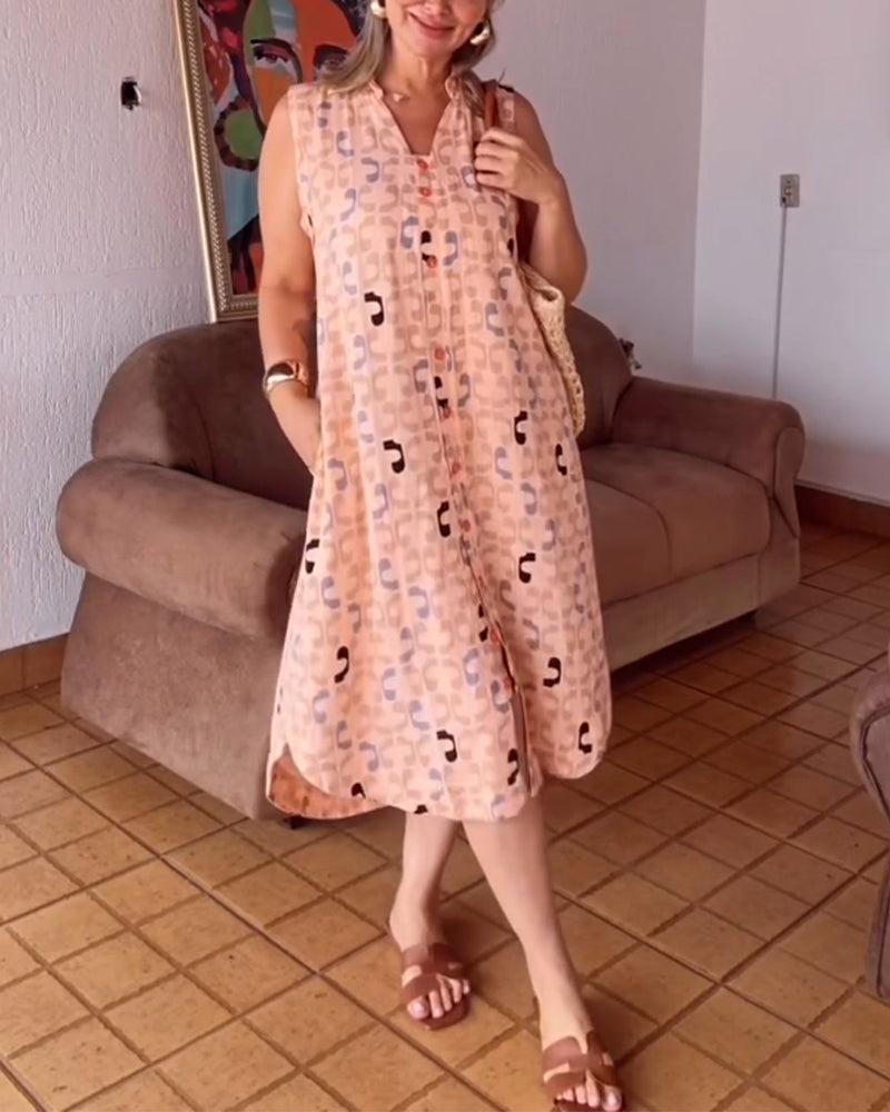 Kleid V-Ausschnitt Printed Casual Ärmellos