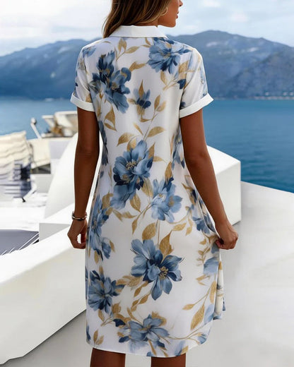 Kleid Revers Kurzarm Blumen Hemd